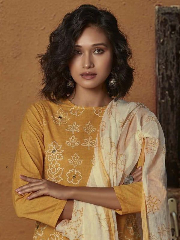 Yellow Unstitched Cotton Digital Print Suit With Mirror Work