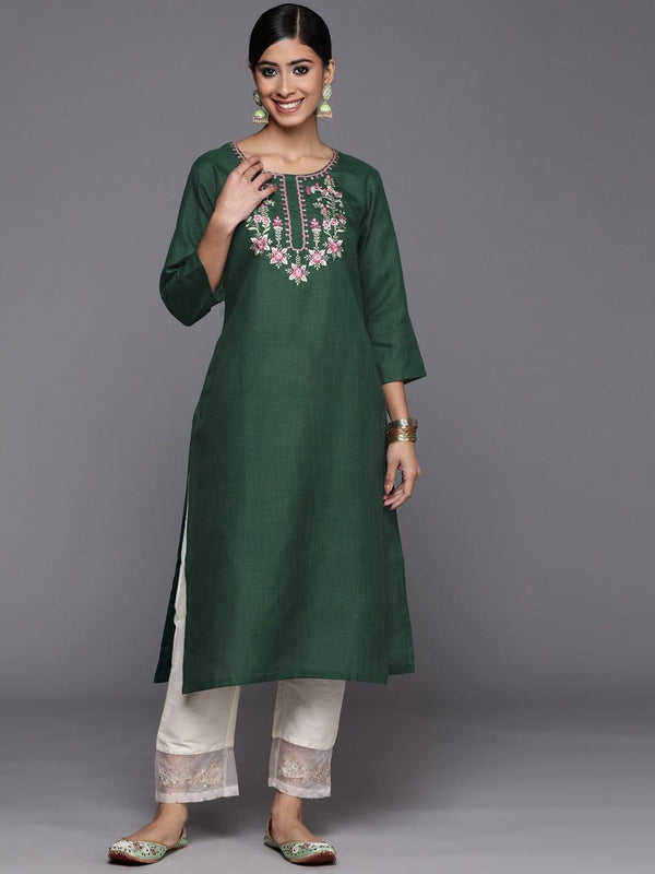 Varanga Women Green Floral Yoke Design Thread Work Floral Cotton Kurta - Indiakreations