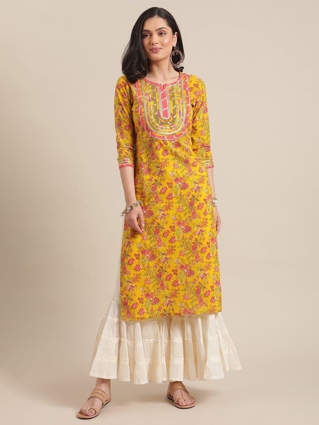 Yellow And Peach Straight Floral Printed Kurta With Round Neck And Having Gota Work On Yoke - Indiakreations