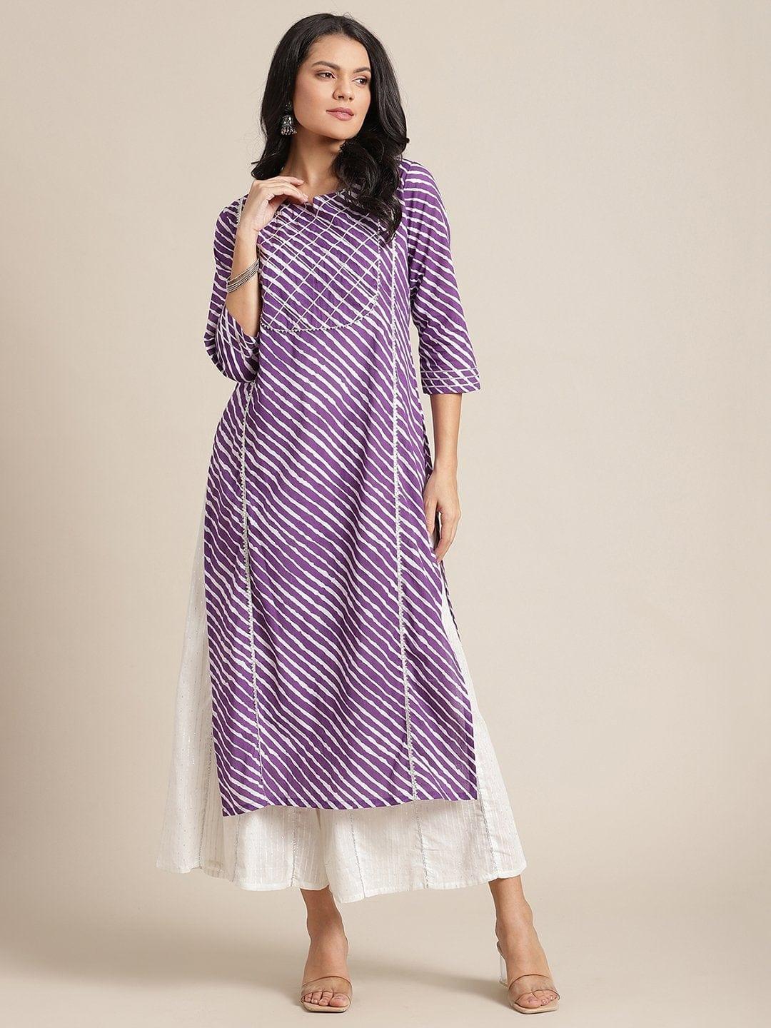 Purple leheriya printed kurta with gota embellished yoke and sleeves. - Indiakreations