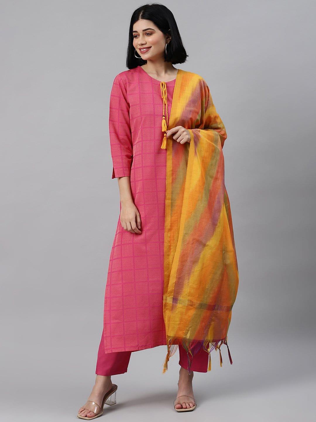 Pink And Mustard Kantha Work Woven Kurta Trouser With Multi Color Silk Dupatta - Indiakreations