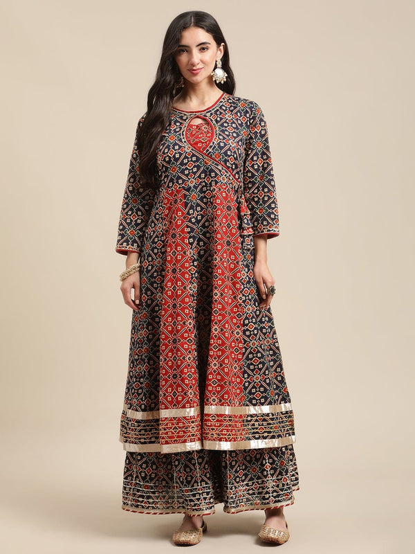 Women's Blue And Maroon Patola Printed Panelled Kurta Sharara Set - Varanga