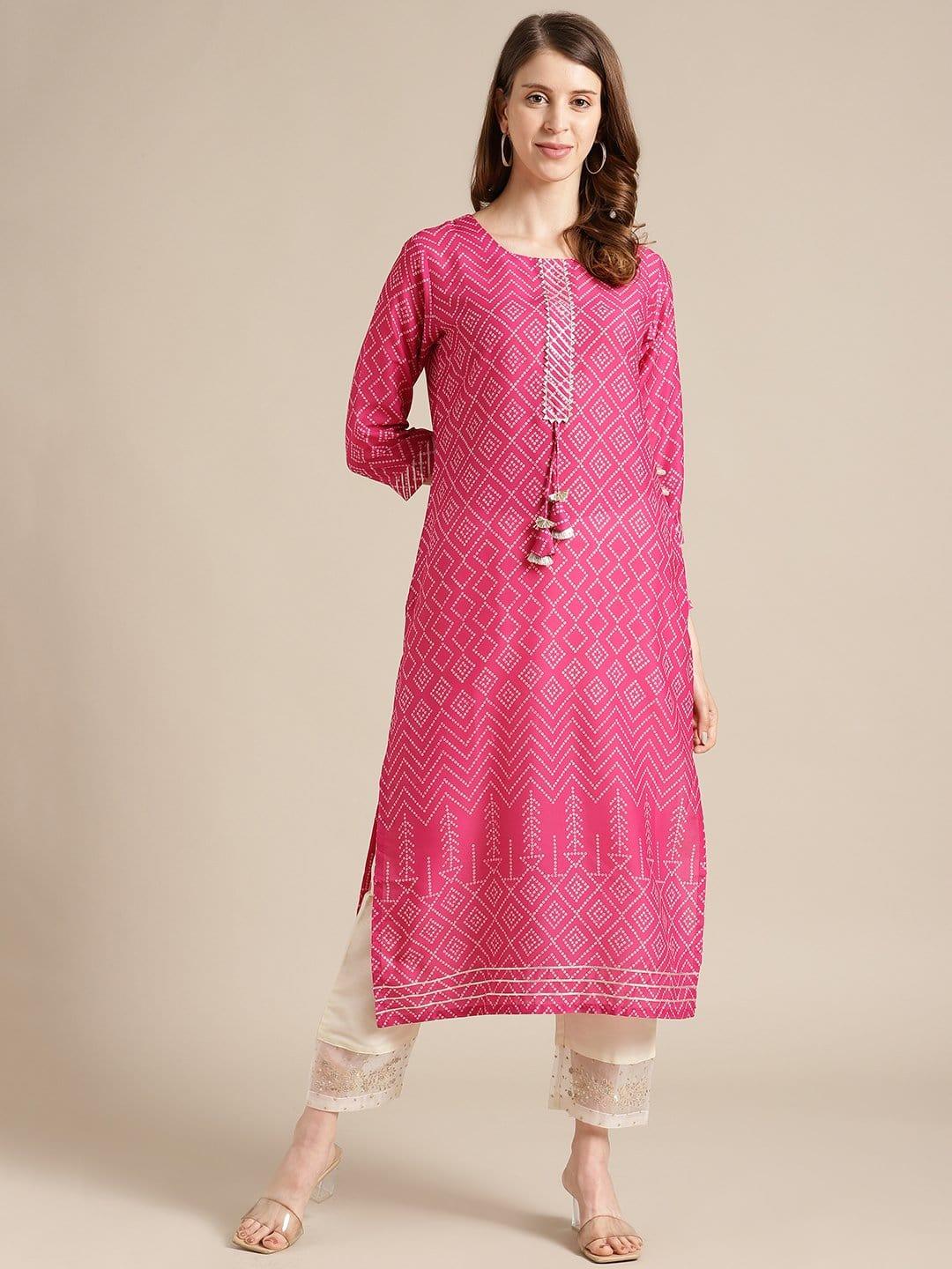 Bandhej Printed Kurta With Gota Embellishment On Yoke - Indiakreations