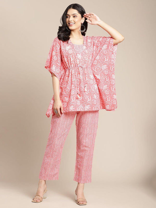 Peach Floral Printed Kaftaan With Straight Pants - Indiakreations