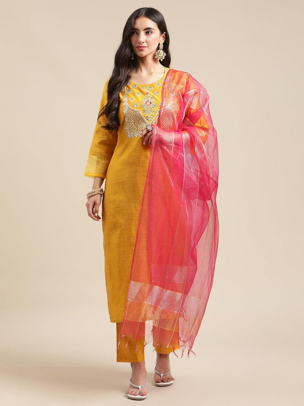 Mustard Heavy Yoke Embroidery Kurta Set With Pink Sheer Dupatta - Indiakreations