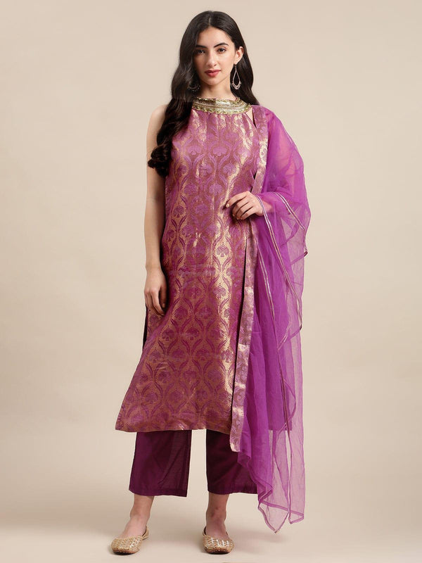 Mauve And Gold Halter Neck Brocade Straight Kurta With Straight Trouser And Double Layer Ruffle Dupatta - Indiakreations