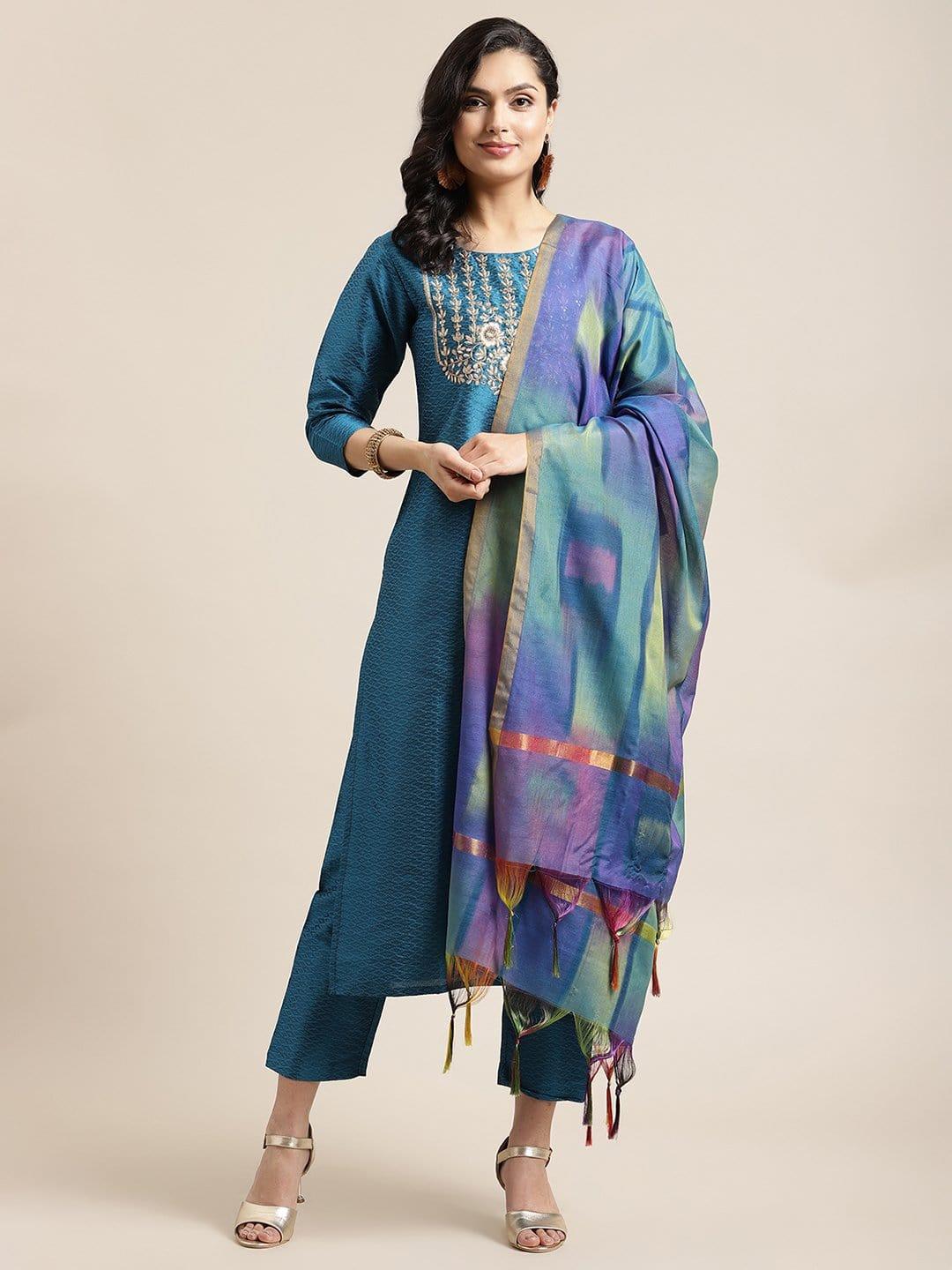 Teal Zari Embroidery Kurta Trouser Set With Silk Woven Dupatta - Indiakreations