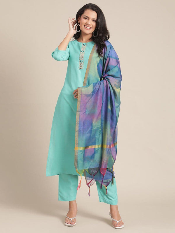 Sea Green Straight Kurta With Placket Embroidery Paired With Troser And Dupatta - Indiakreations