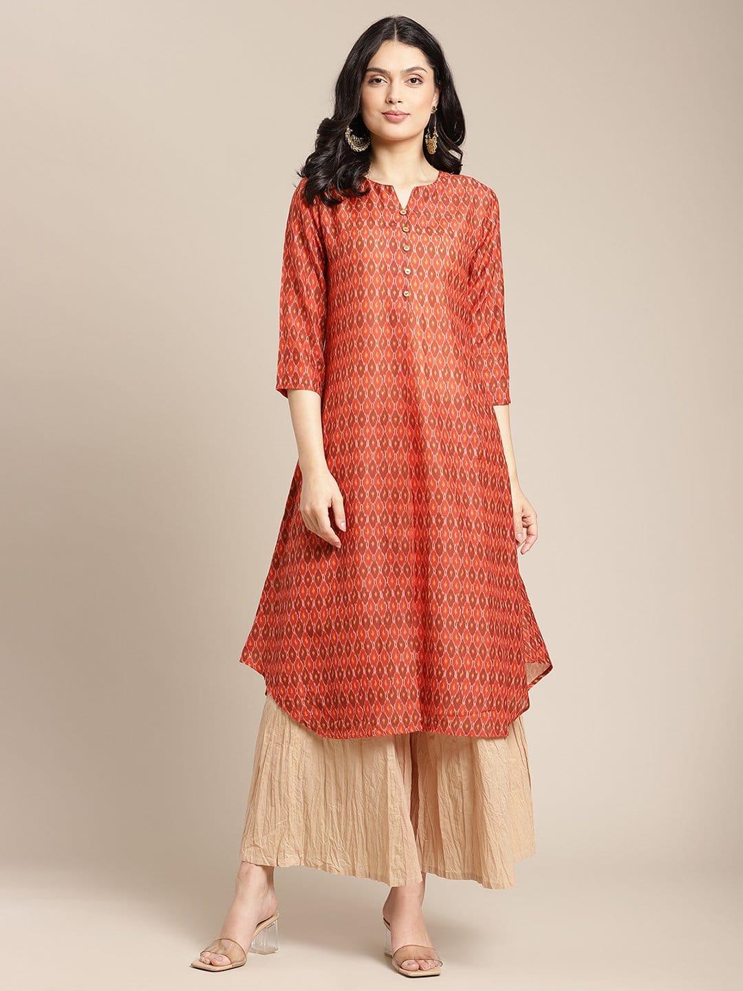 Rust Colored Round Neck Ikat Printed A-Line Kurta With3/4Th Sleeves - Indiakreations