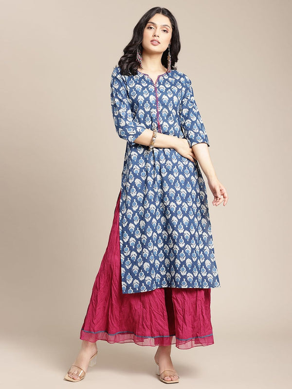 Women's Indigo Floral Printed Kurta With Handwork On Placket And Yoke - Varanga