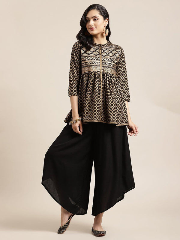 Black And Gold Foil Printed Tunic With Asymmetrical Hemline Palazzo - Indiakreations