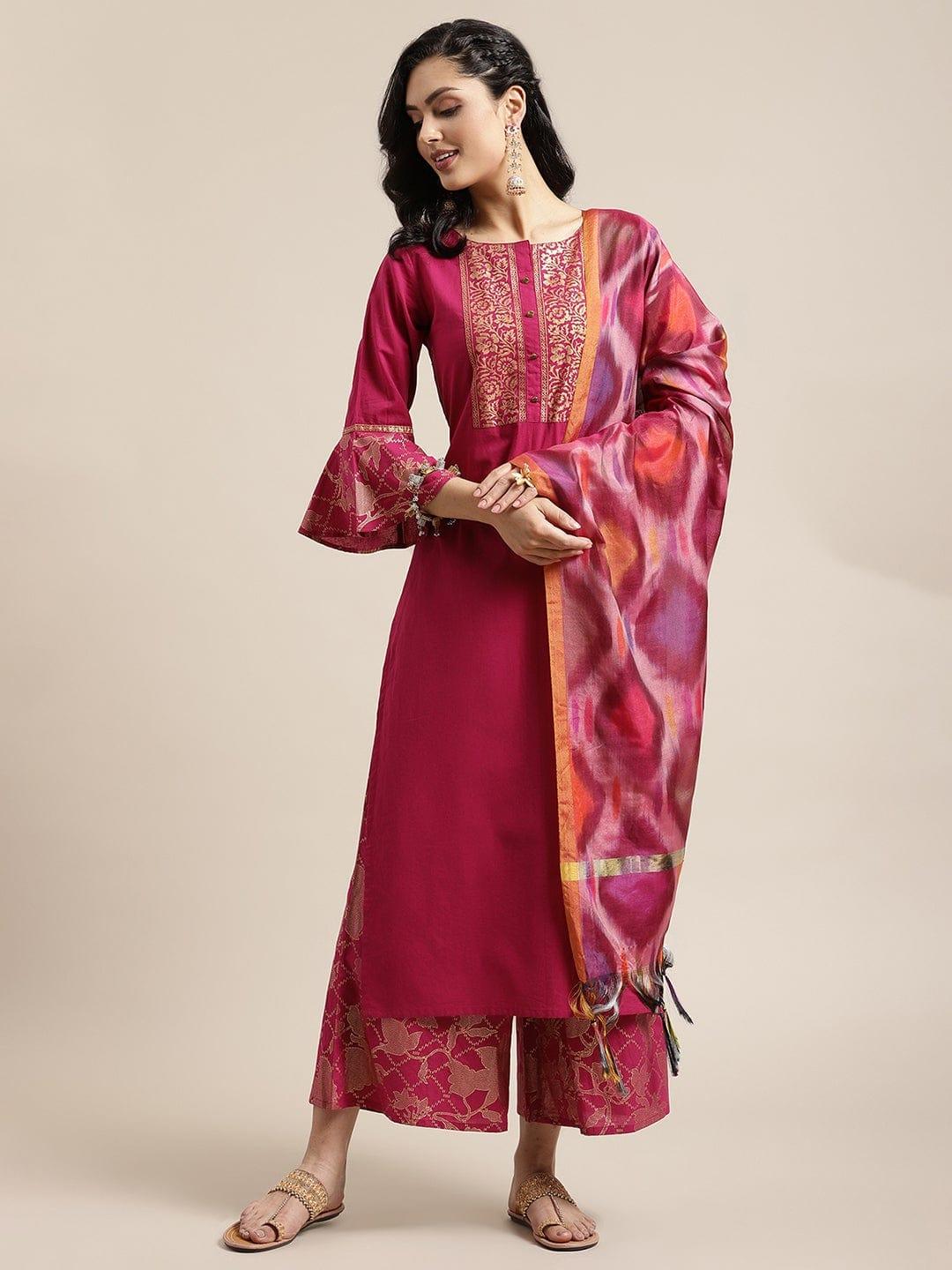 KSUT Magenta Ethnic Motifs Yoke Design Layered Pure Cotton Kurta with Palazzos & With Dupatta - Indiakreations