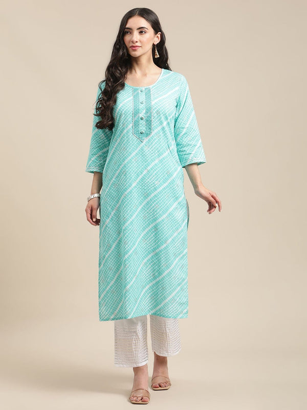 Women's Blue And White Leheriya Striped Kurta With Gota And Thread Embroidery On Yoke - Varanga