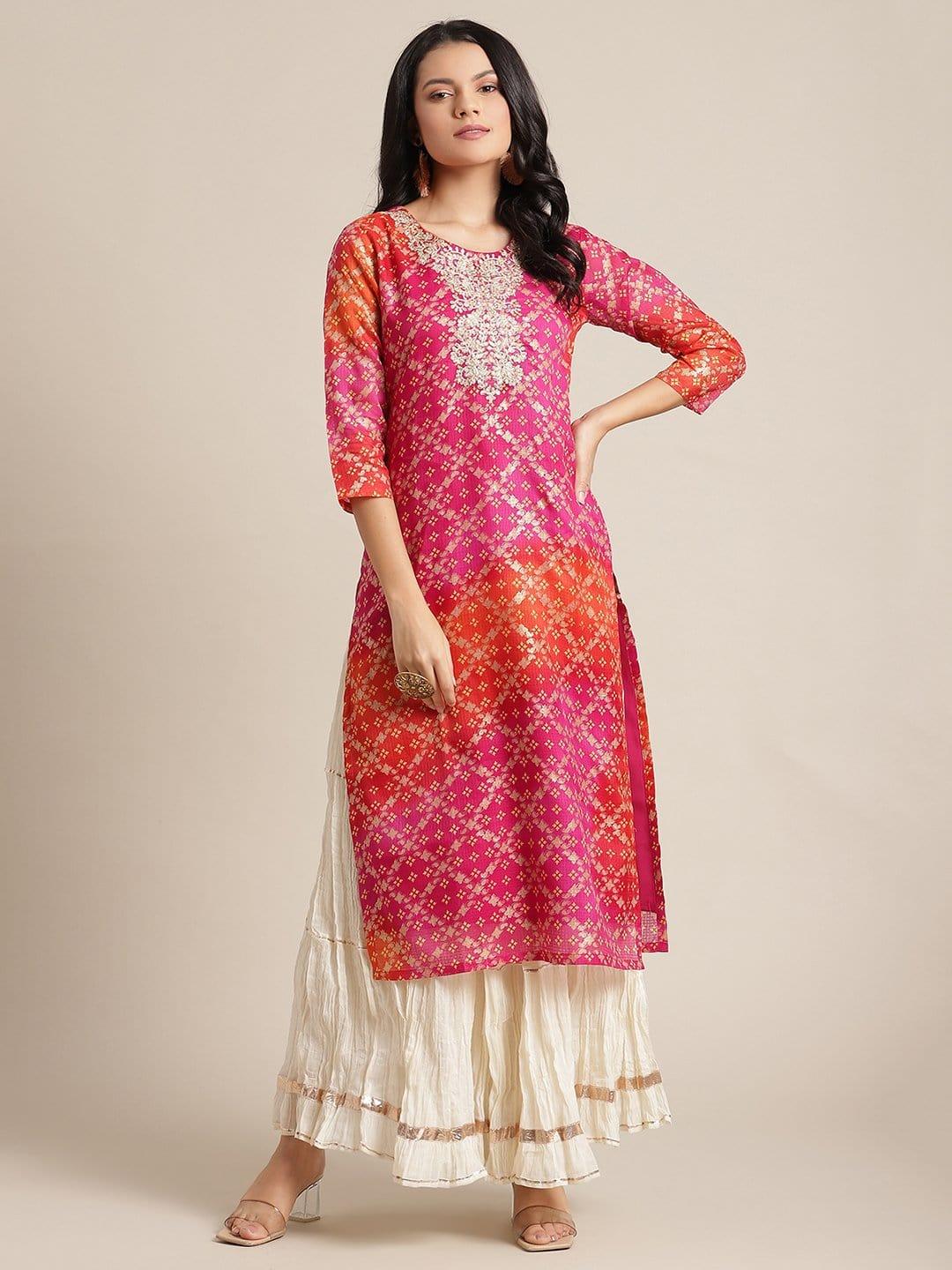 KSUT Pink Bandhej Foil Printed Kurta With Dori And Zari Embroidery On Yoke - Indiakreations