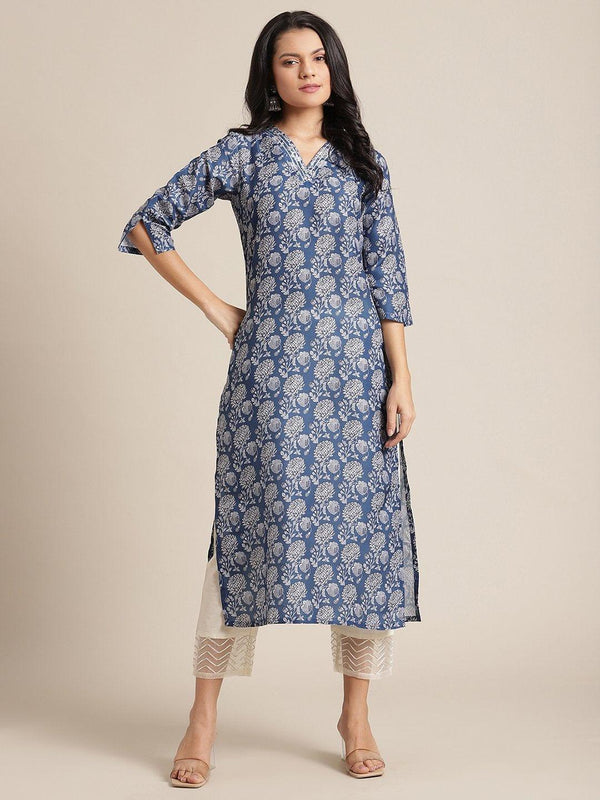 Blue Silk Floral Printed Kurta With Gota Work On Yoke And 3/4 Sleeves - Indiakreations