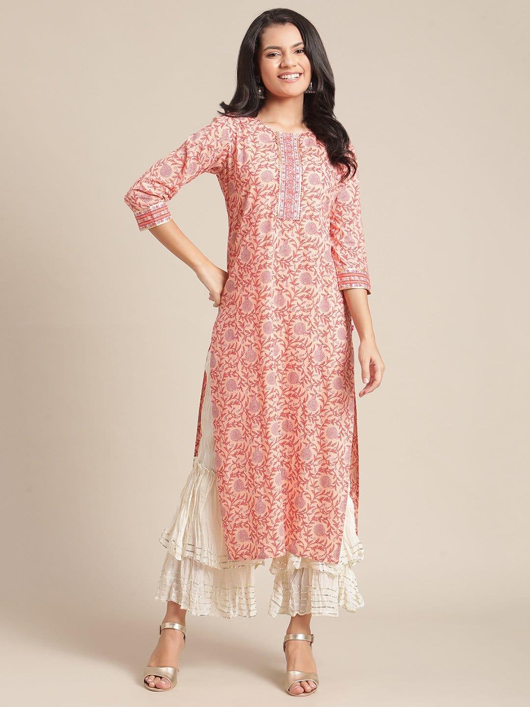 Peach floral cotton printed kurta with handwork detailing on the yoke - Indiakreations