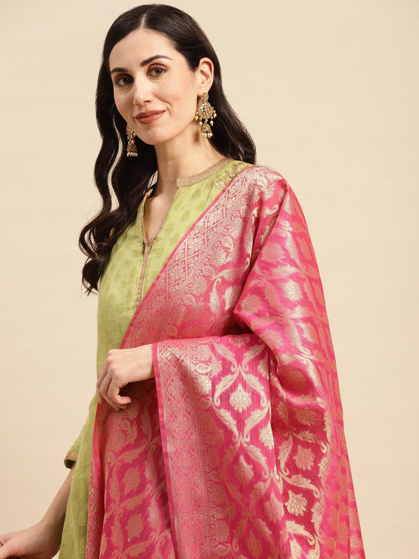 Women's Pink Color Ethnic Motifs Woven Design Dupatta With Zari - Varanasi - Indiakreations