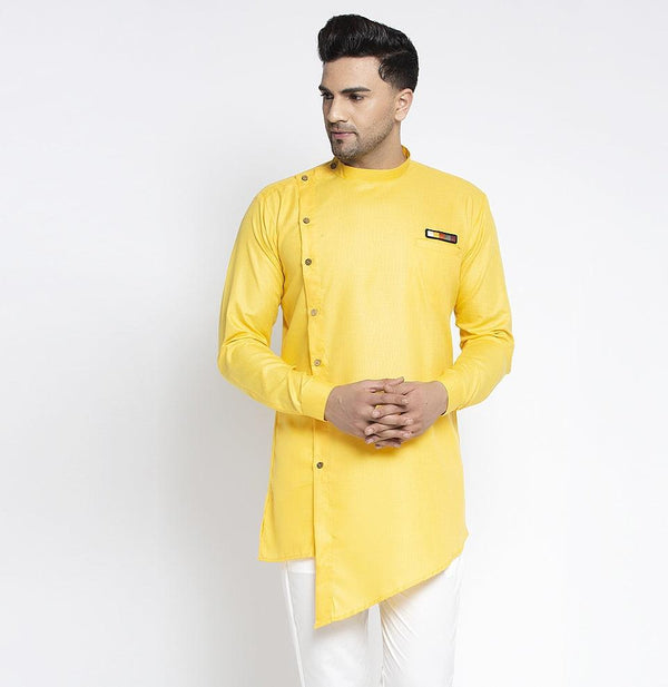 Men's Yellow Solid Short Kurta - Benstoke - Indiakreations