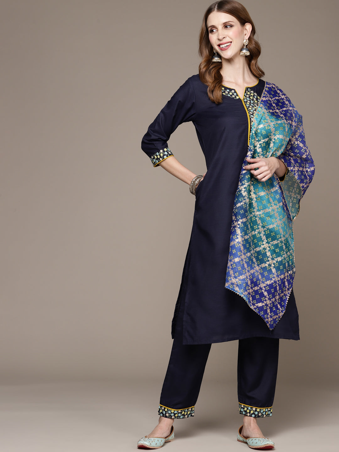 Women's Navy Blue Floral Embroidered Kurta Set With Trousers And Dupatta - Anubhutee