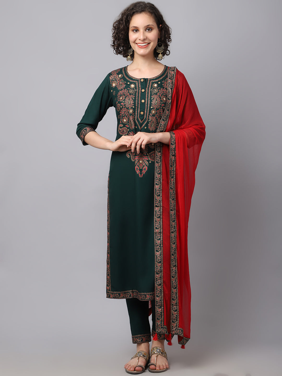 Women's Bottle Green Chinkankari Kurta Set - Noz2Toz