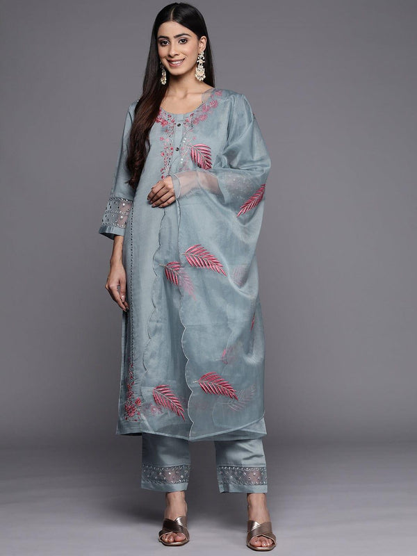 Varanga Floral Embroidered Mirror Work Kurta with Trousers & Dupatta - Indiakreations