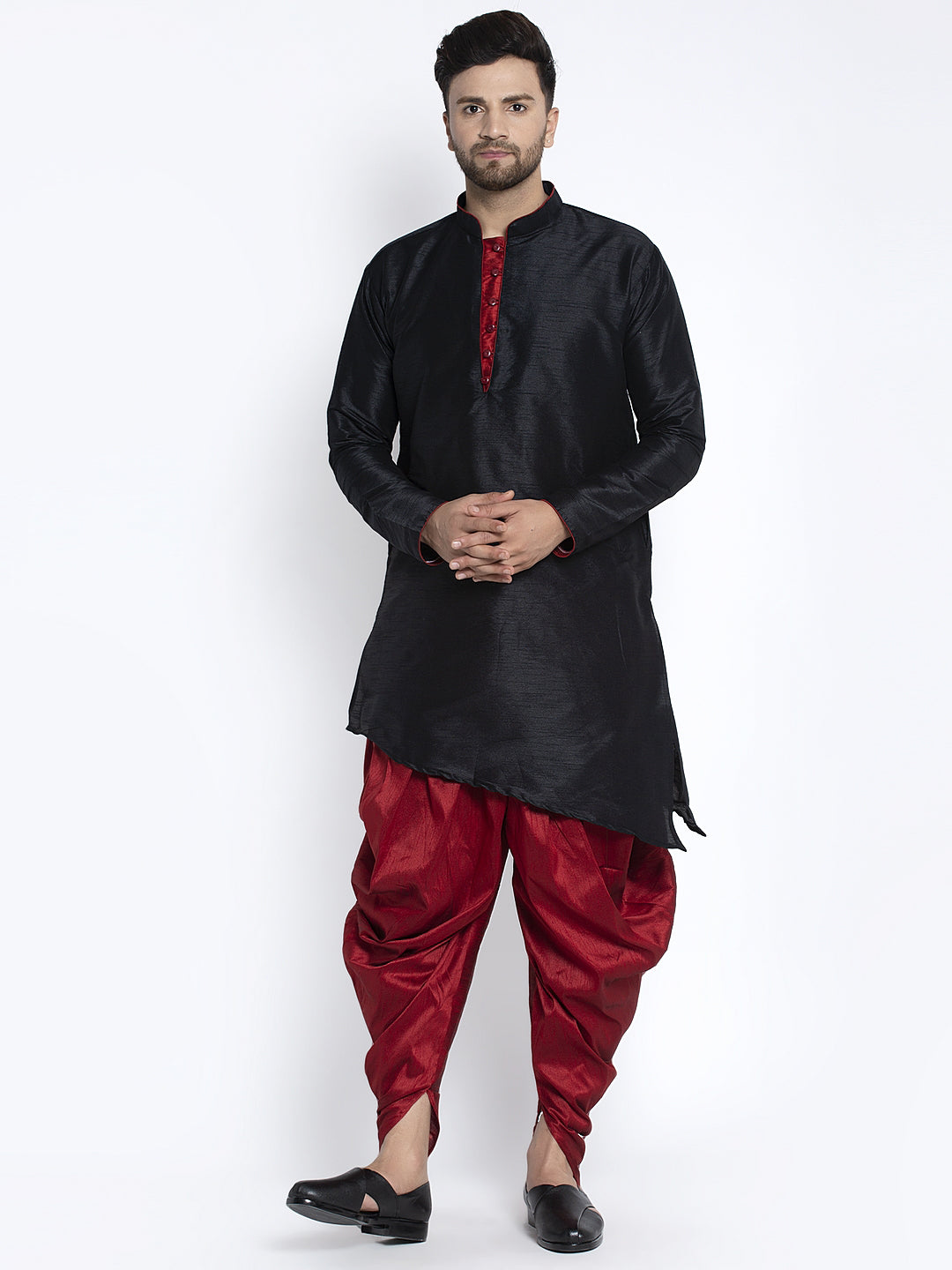 Men's Black Solid Kurta With Maroon Dhoti Pant - Benstoke