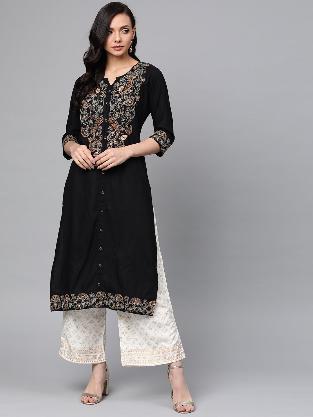 Women Black Embroidered Kurta with Palazzos by Anubhutee (Set of 2)