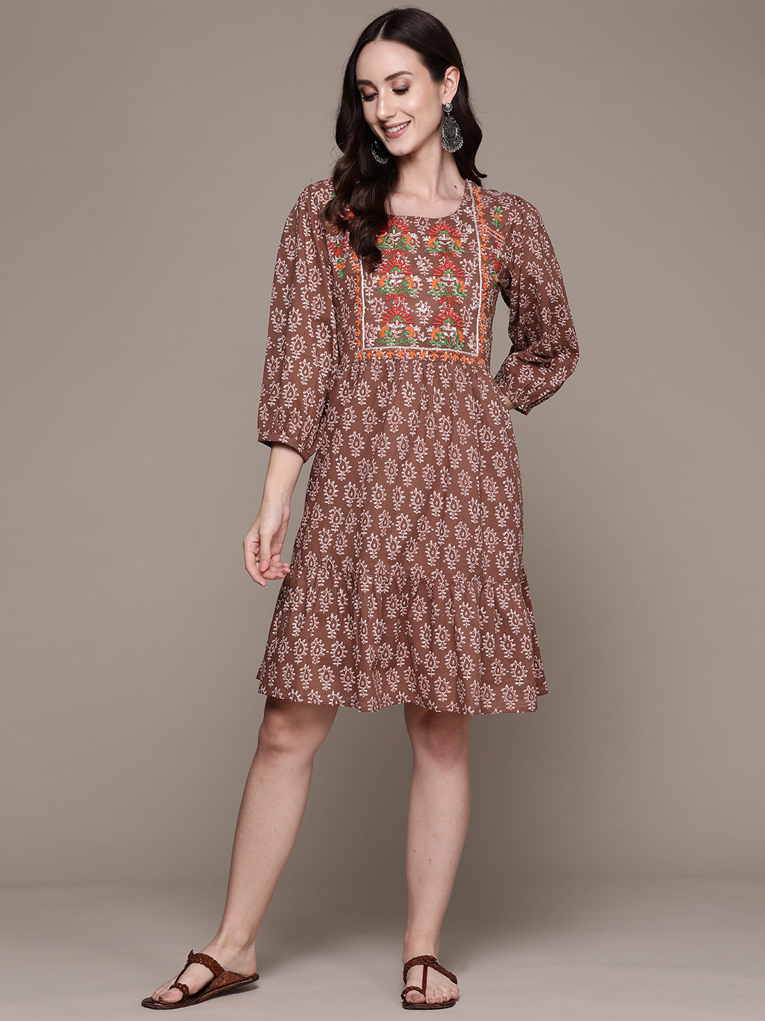 Women's Brown Ethnic Motifs Embroidered Flared Dress - Anubhutee