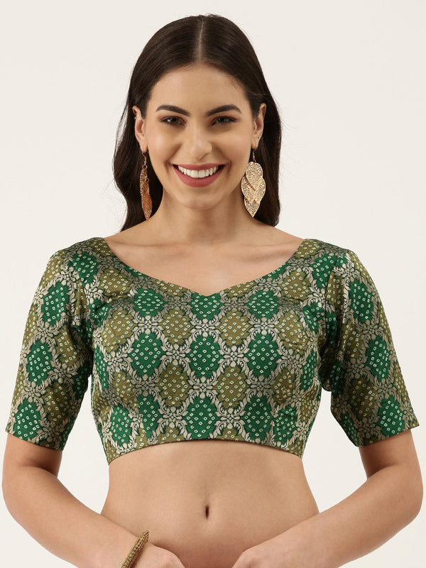 Women's Green Jacquard Bandhni Silk Blouse - Panchhi