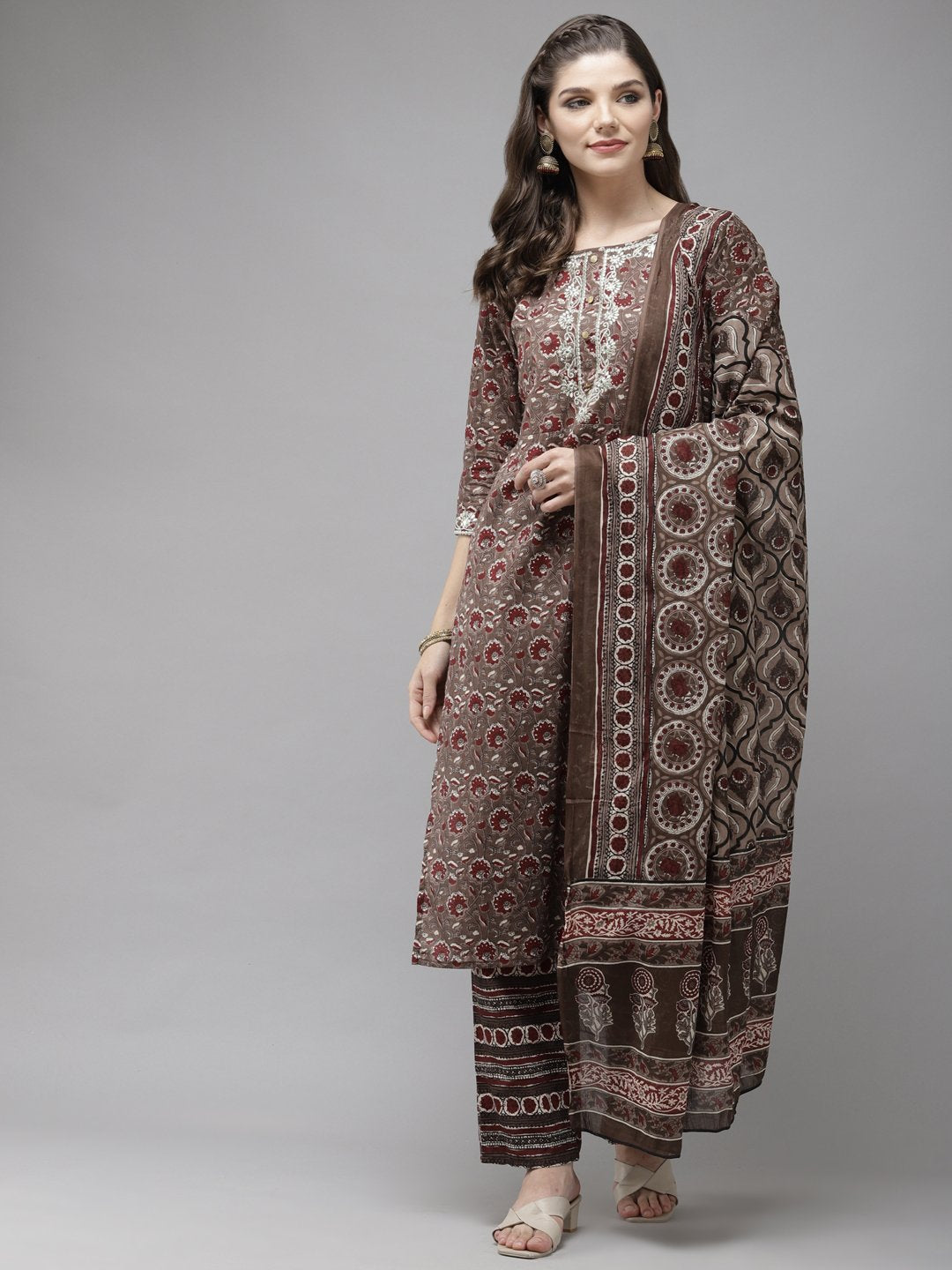 Women's Brown  Maroon Printed Pure Cotton Kurta with Trousers  Dupatta - Anubhutee