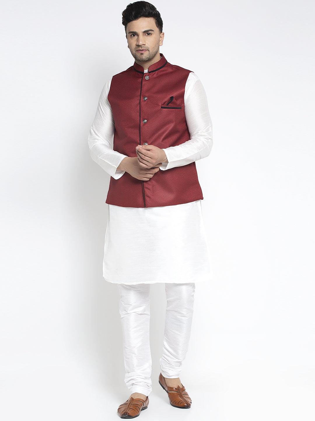 Men's Silk Blend White Kurta With Pyjama & Maroon Nehru Jacket - Benstoke - Indiakreations