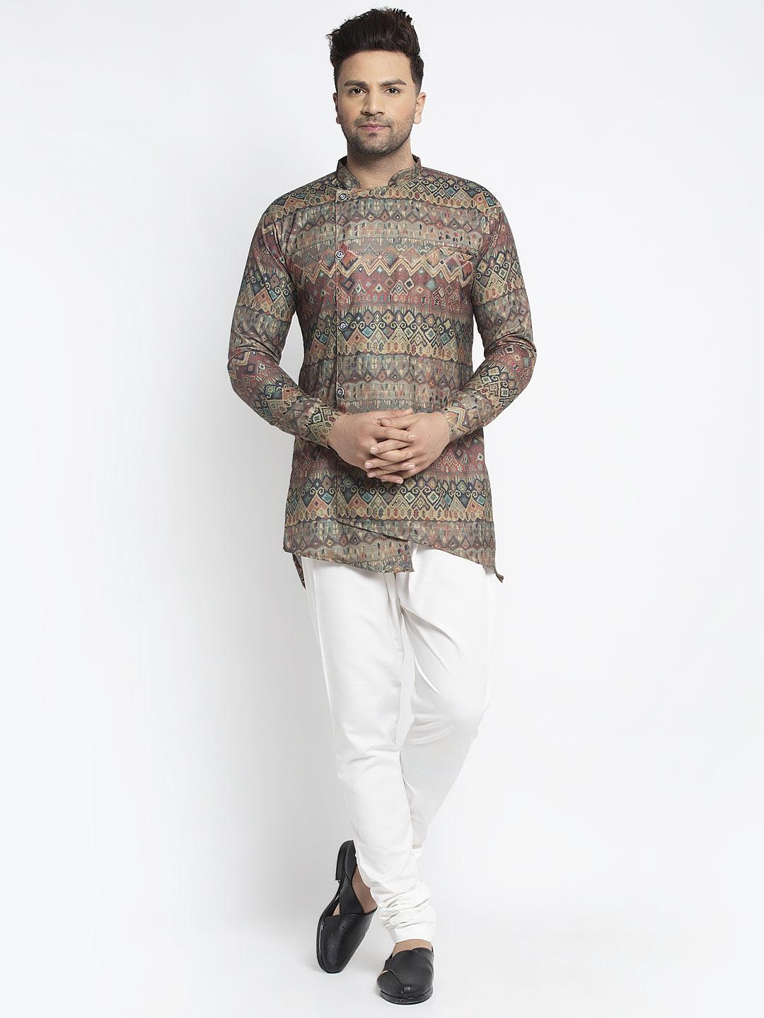 Men's Multicolored Printed Short Kurta With White Pyjama - Benstoke - Indiakreations