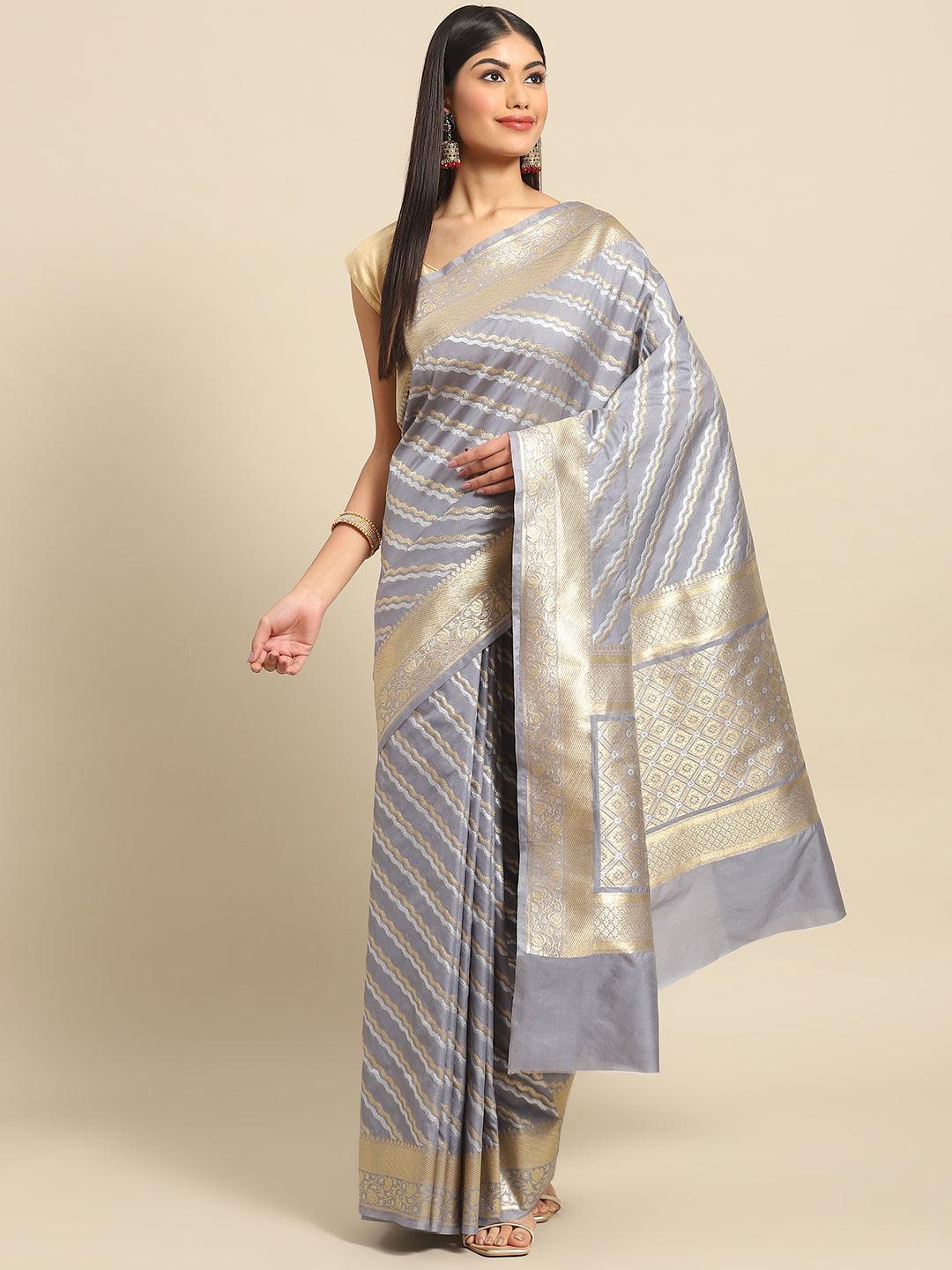 Women's Grey Gold-Toned Leheriya Zari Art Silk Banarasi Saree - Varanasi - Indiakreations