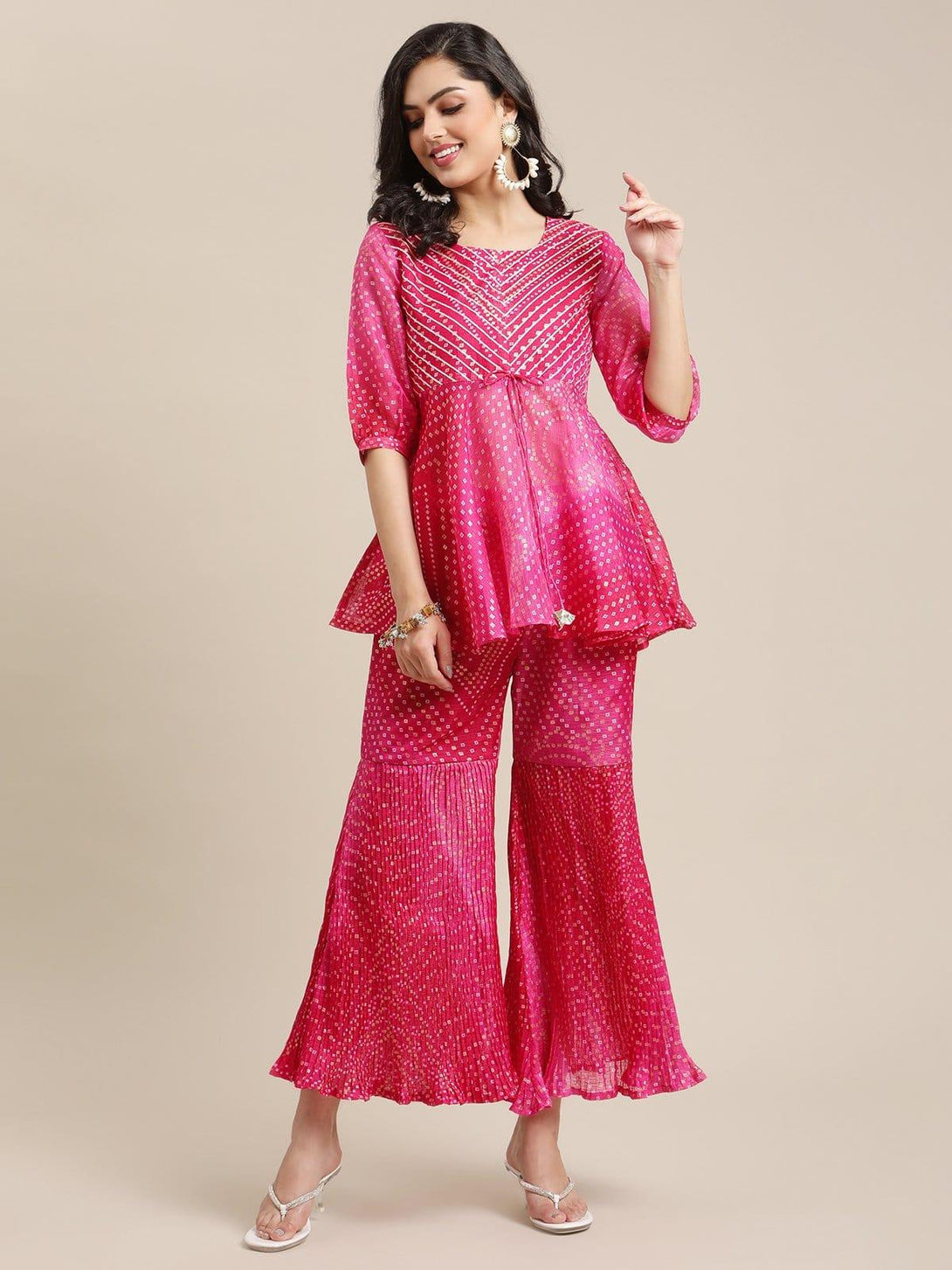 Pink Bandhej Flared Kurta Sharara Set With Gota Embellished On Yoke - Indiakreations