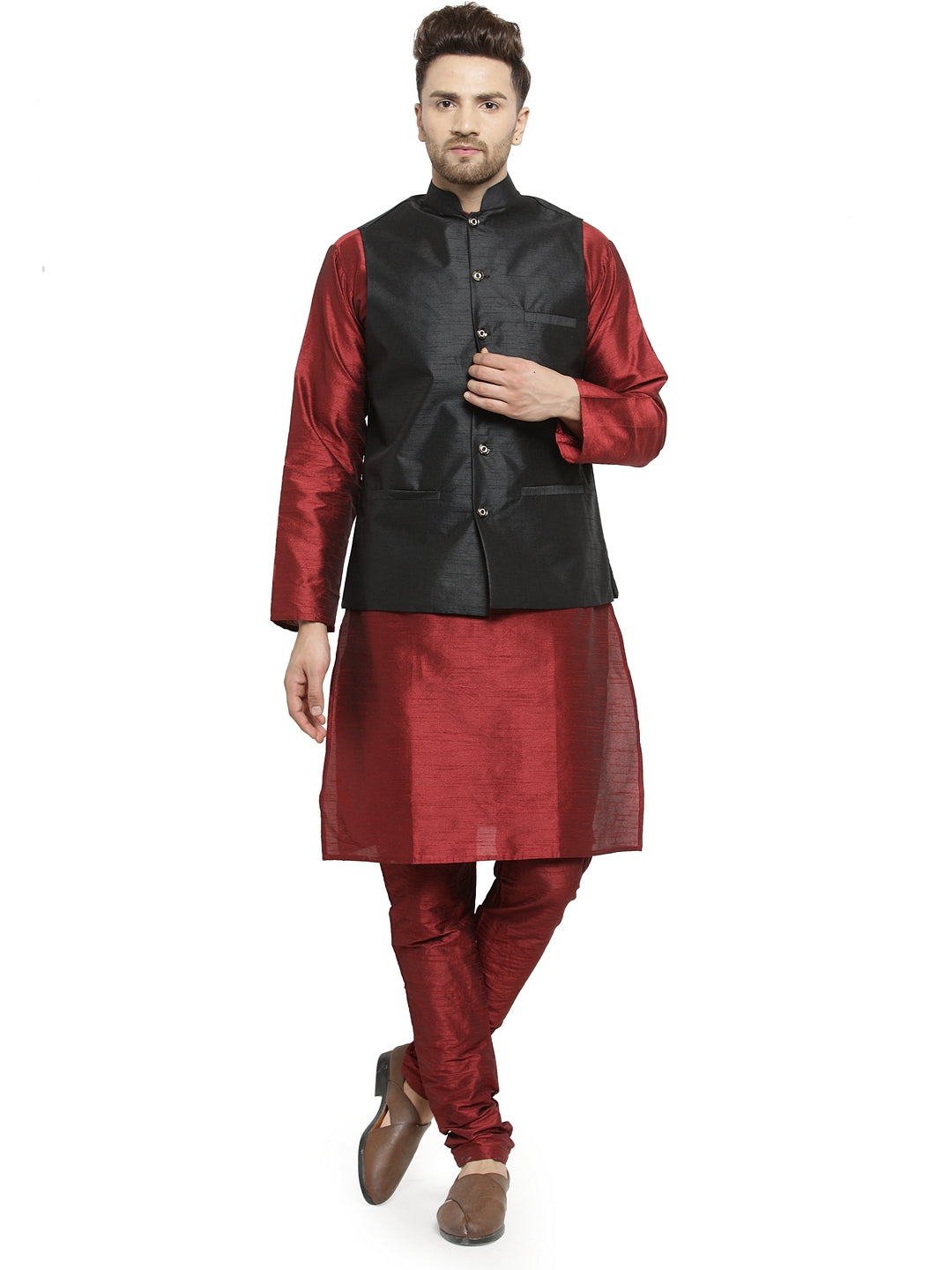 Men's Silk Blend Maroon Kurta With Pyjama & Maroon Nehru Jacket - Benstoke