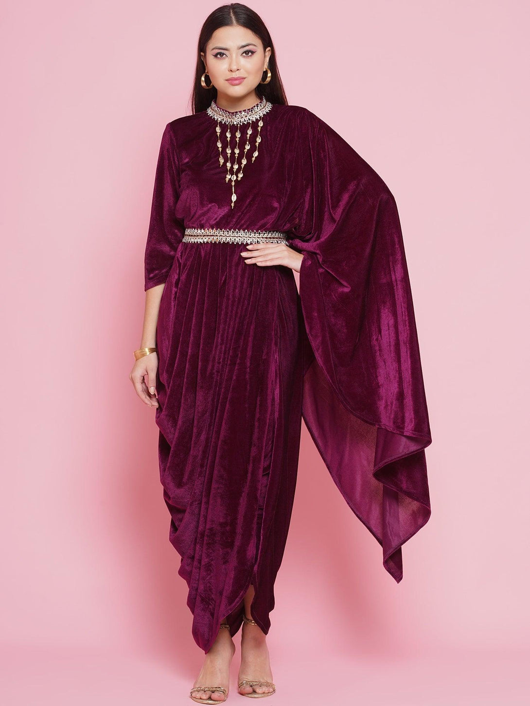 Women's Burgundy Velvet Kurta With Attached Neckalace,Belt And Pant - Women Republic - Indiakreations