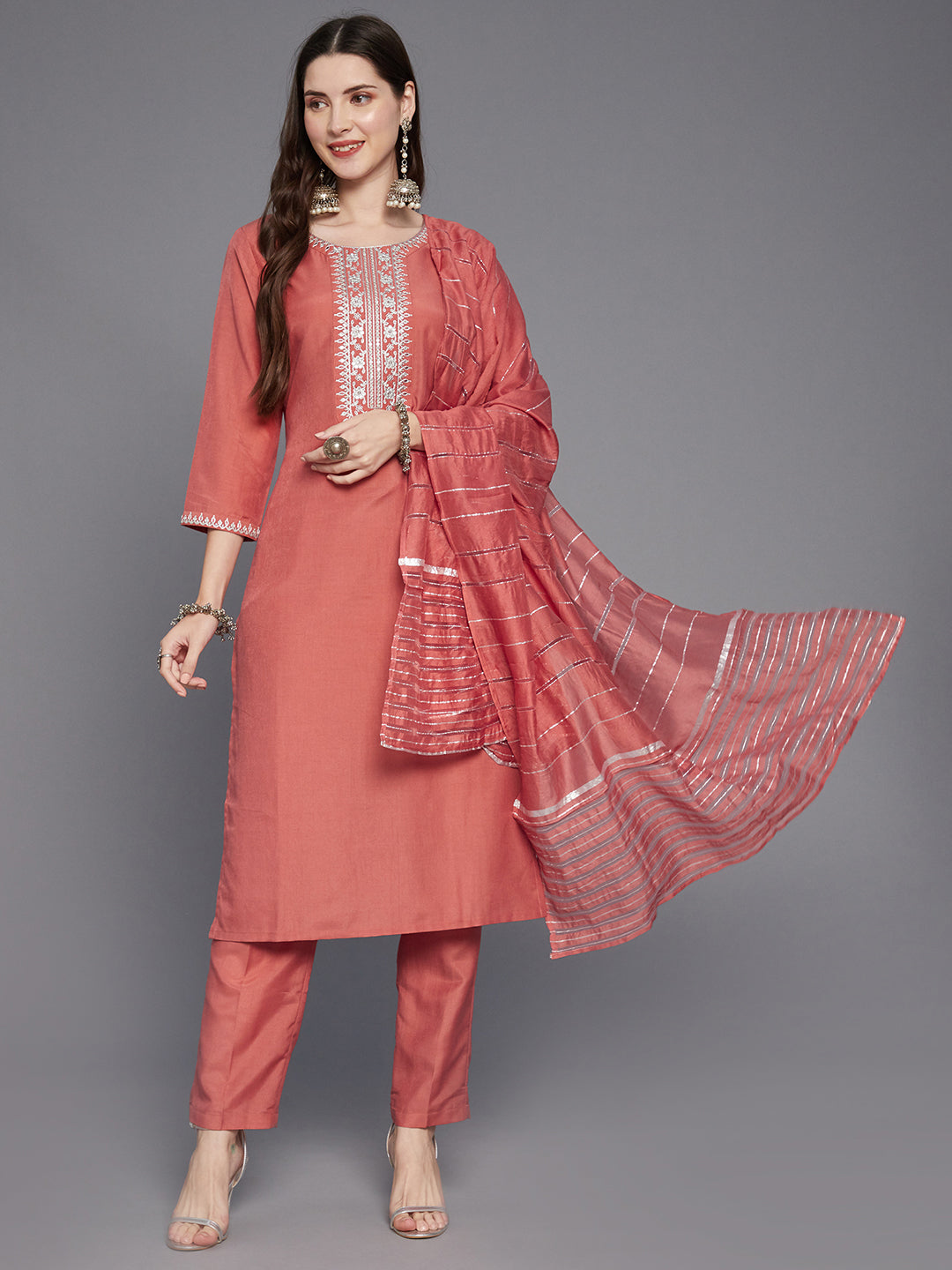 Women's Embroidered Mukaish Kurta With Trousers & Dupatta - Anubhutee