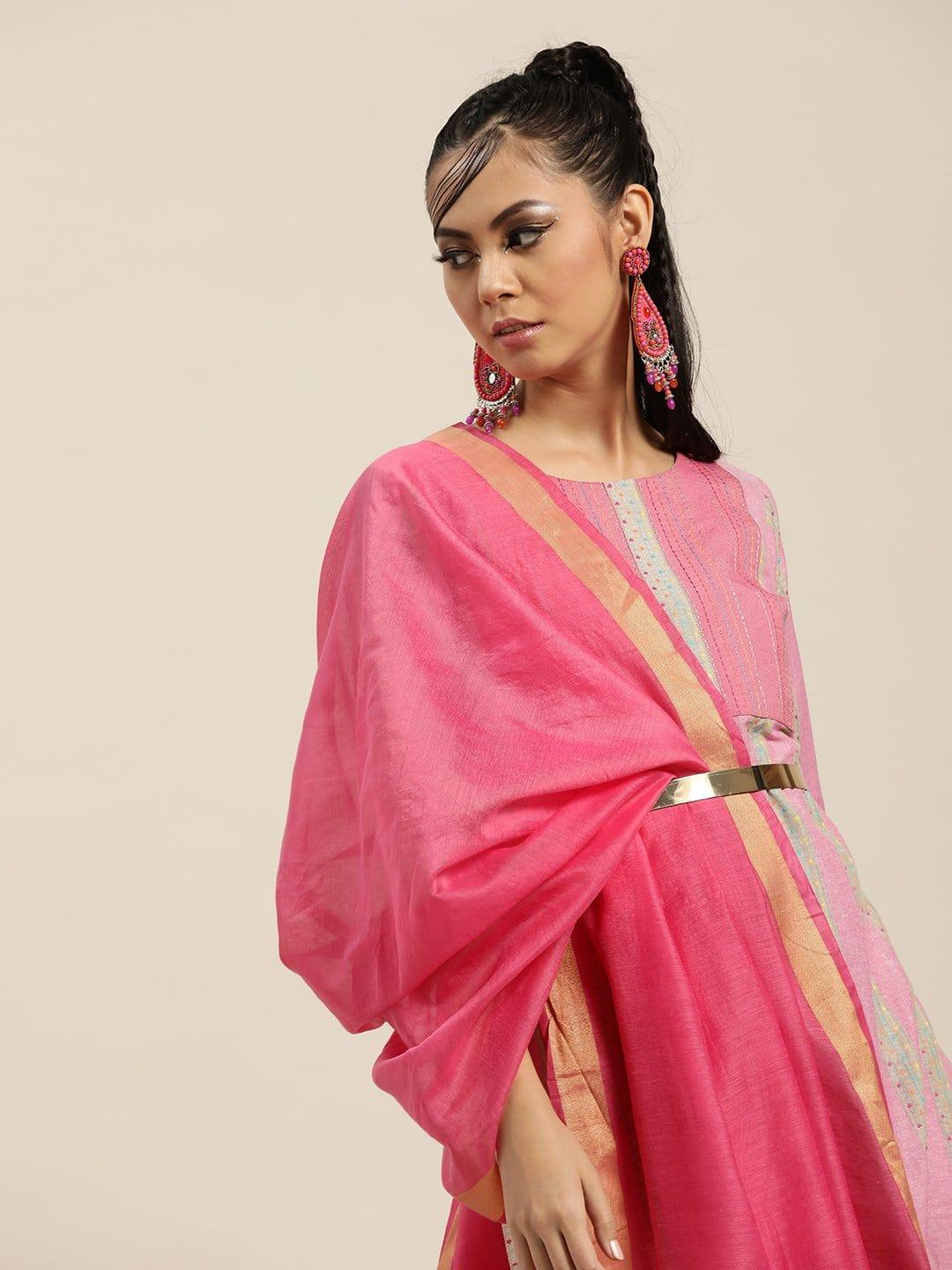 KSUT Pink And Multi Color Woven Straight Kurta With Pink Woven Trouser With Pink Silk Dupatta - Indiakreations