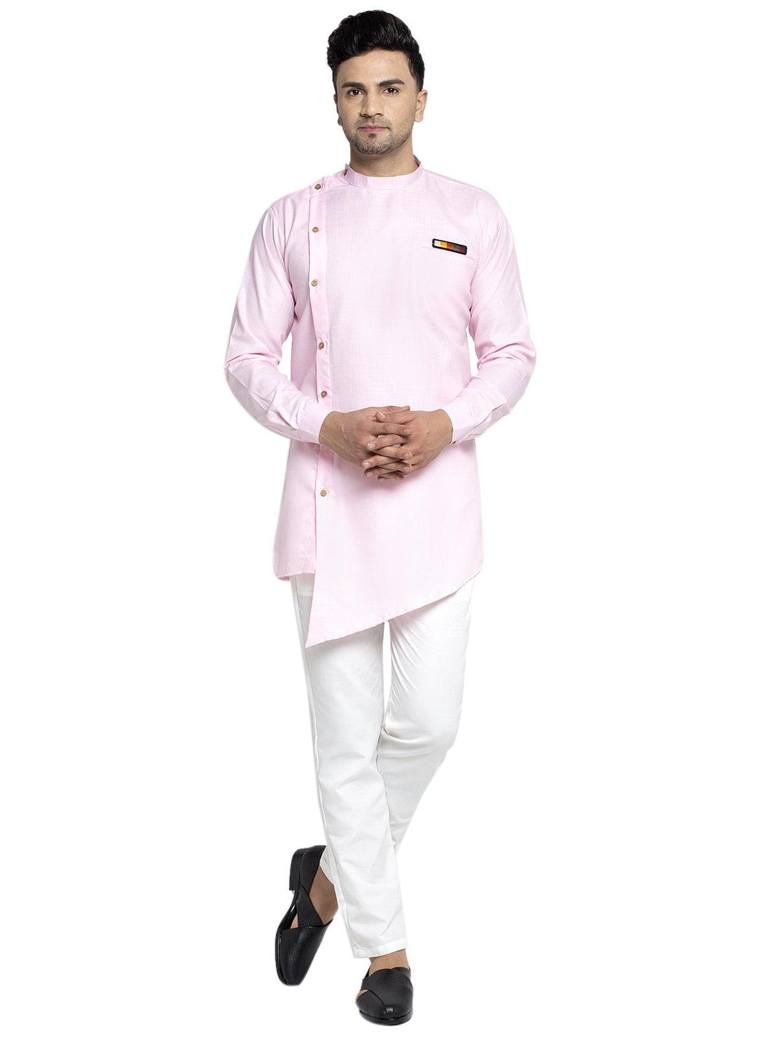 Men's Cotton Pink Asymmetric Solid Kurta With White Trousers - Benstoke - Indiakreations