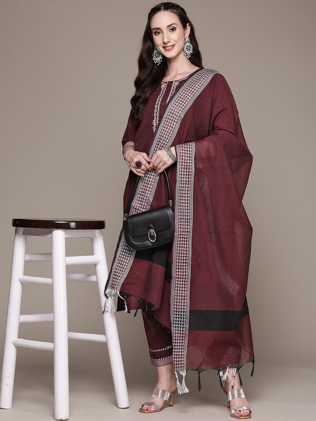 Women's Wine Zari Embroidered Kurta Set With Trousers And Dupatta - Anubhutee