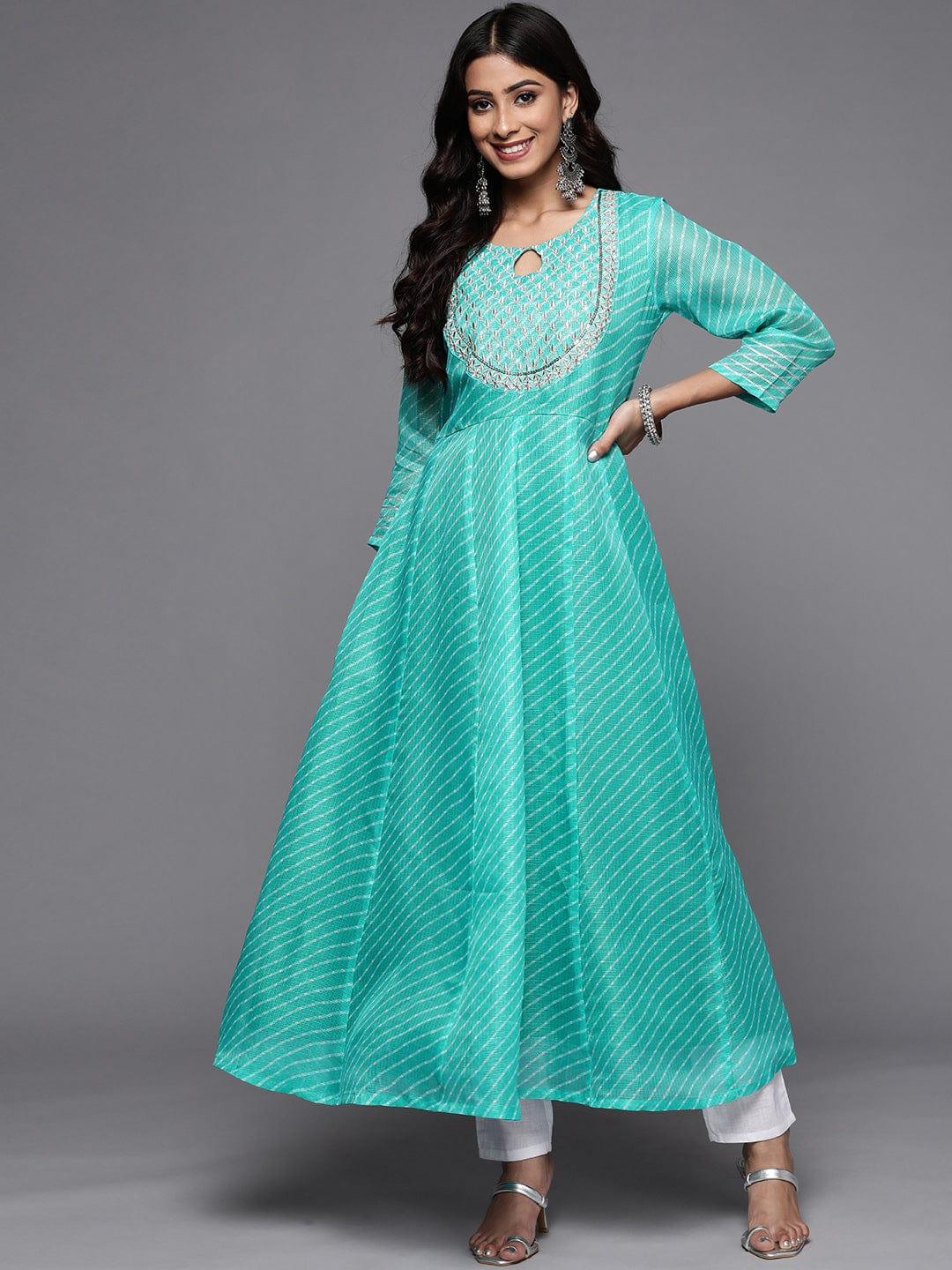 Varanga Women Turquoise Blue & Goldn Ethnic Motifs Embroidered Indie Prints Anarkali Kurta - Indiakreations