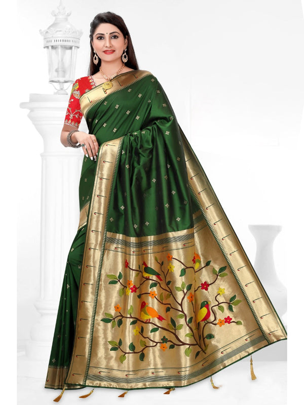 Woven Art Silk Saree in Dark Green with Designer Embroidered Red Blouse