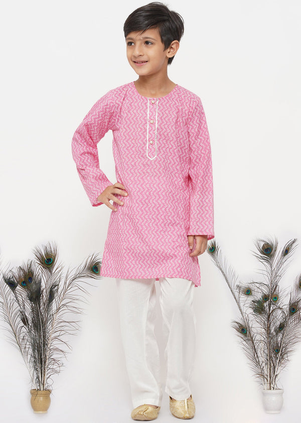 Boy's Cotton Jaipuri Kurta With Pearl Buttons And Pyjama -Pink And Cream - Little Bansi Boys