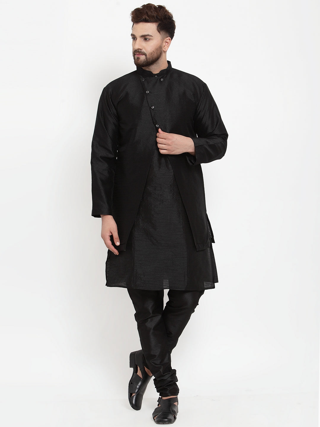 Men's Black Kurta With Pyjama & Self Design Jacket - Benstoke