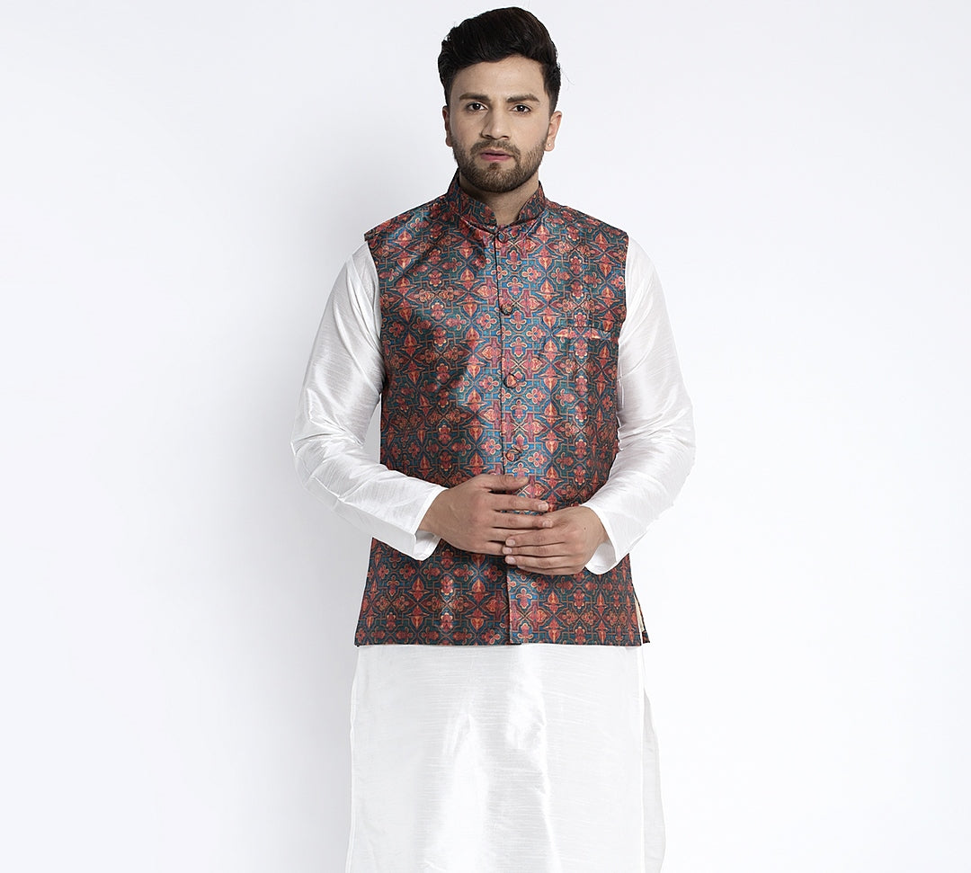 Men's Green & Orange Printed Nehru Jacket - Benstoke