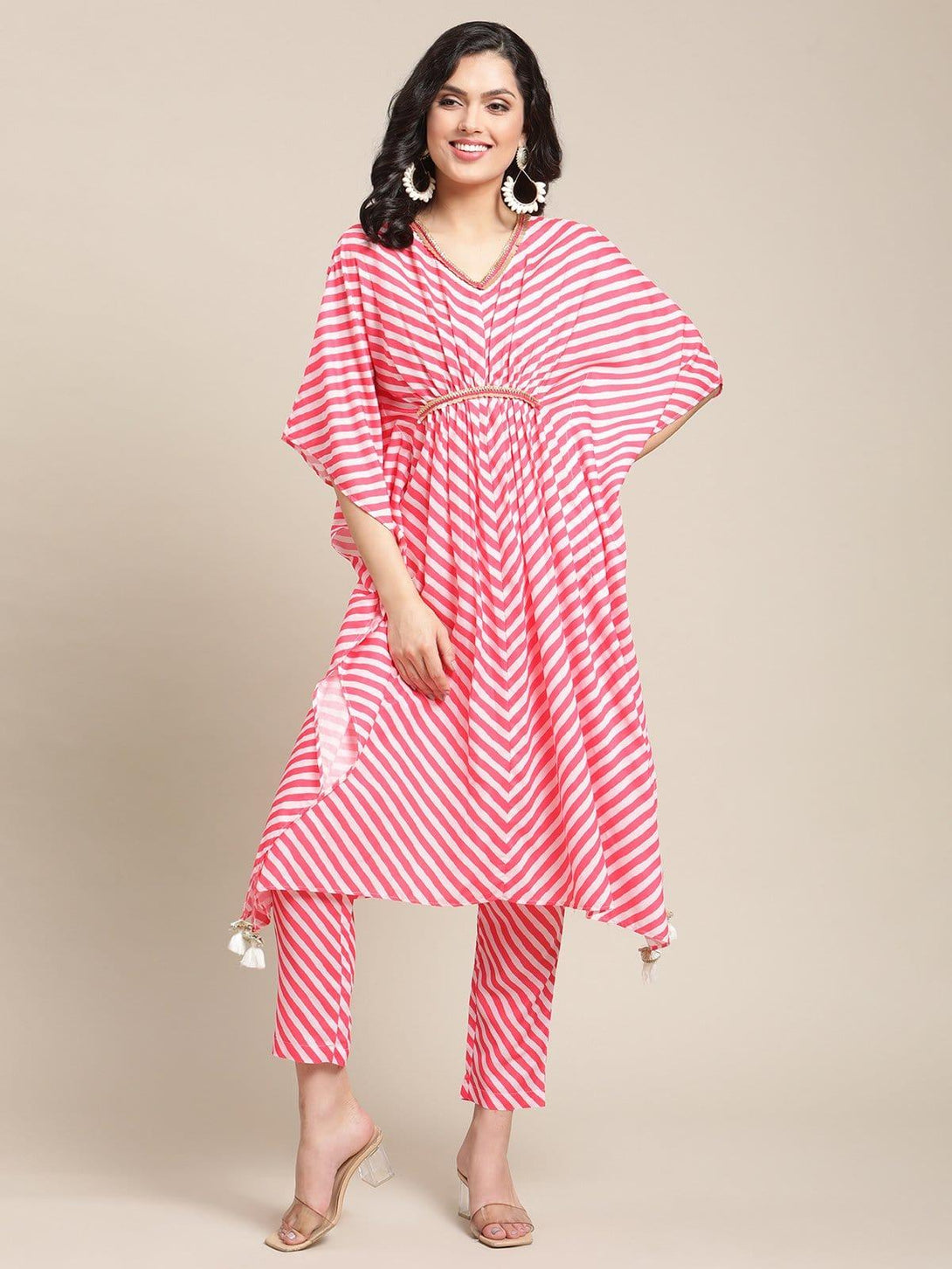 Pink And White Leheriya Printed Silk Kaftan Kurta Touser Set - Indiakreations