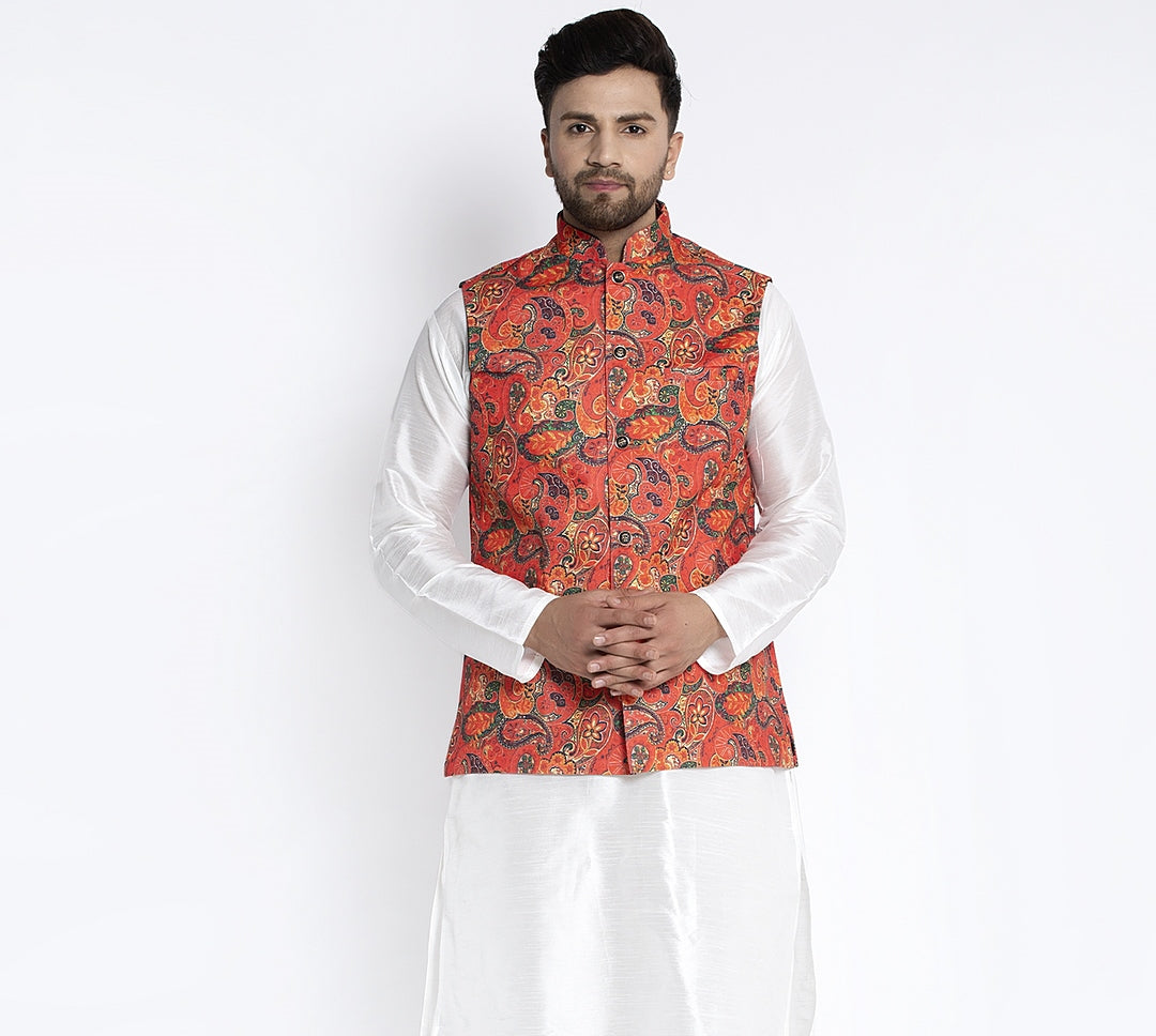 Men's Orange & Multi Printed Nehru Jacket - Benstoke