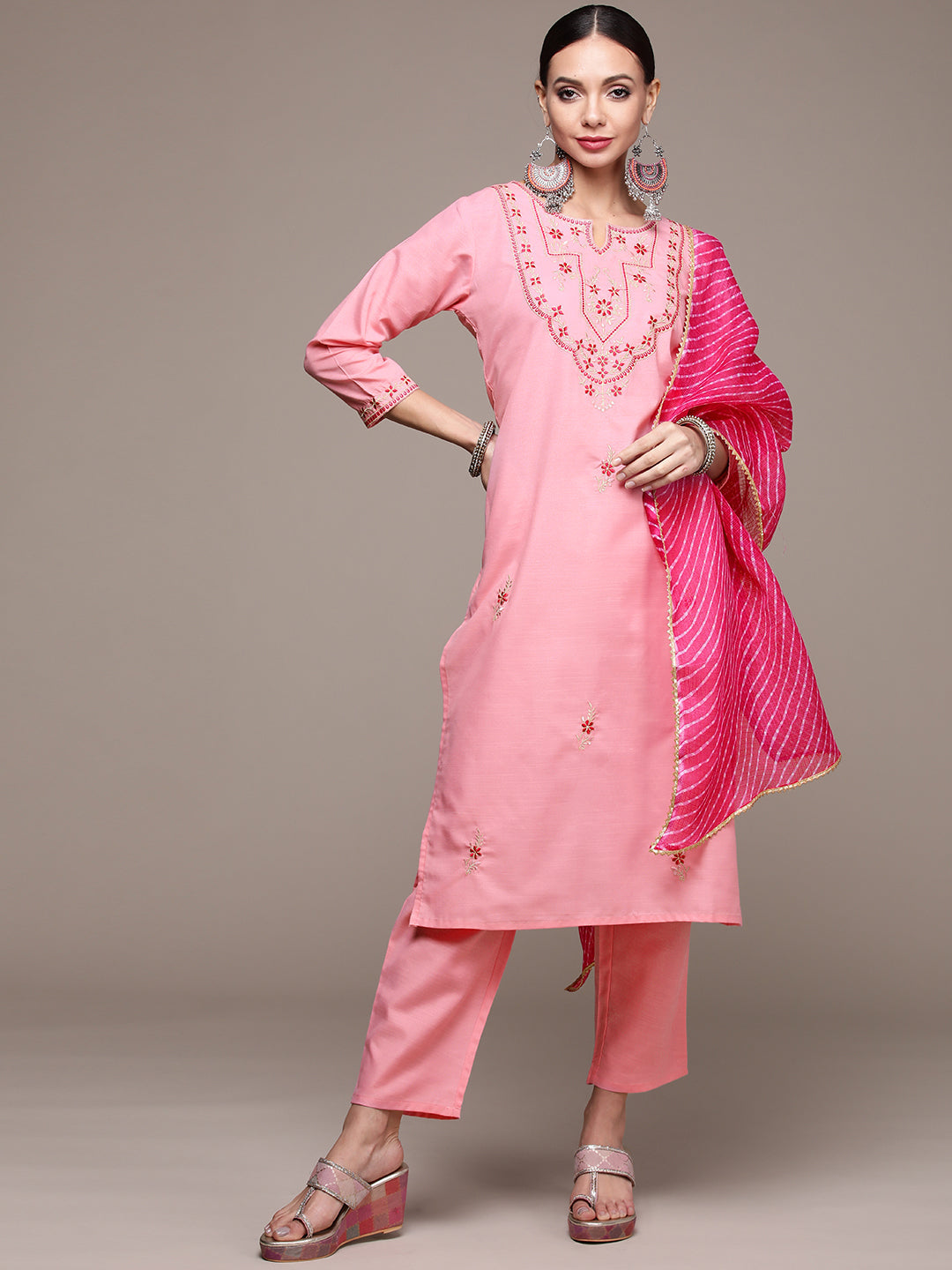 Women's Pink Yoke Floral Embroidered Kurta Set With Trousers And Dupatta  - Anubhutee