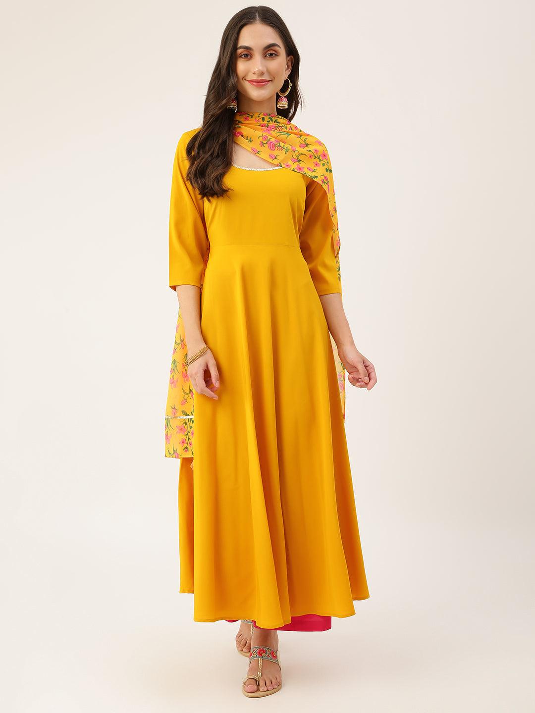 Women's Mustard solid kurta with floral print dupatta.Kurta has round neck - The Fab Factory - Indiakreations