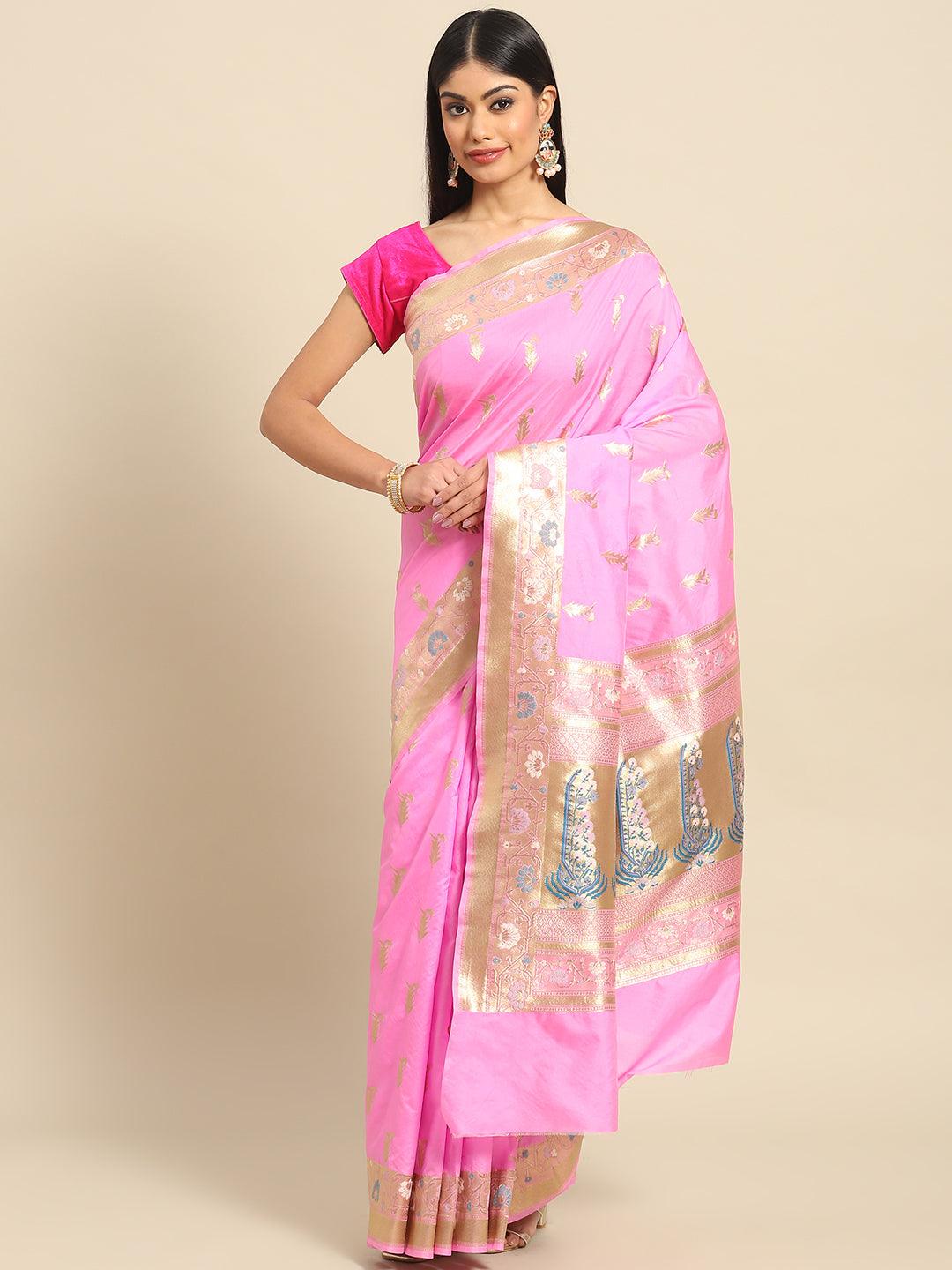 Women's Pink Floral Zari Art Silk Banarasi Saree - Varanasi - Indiakreations